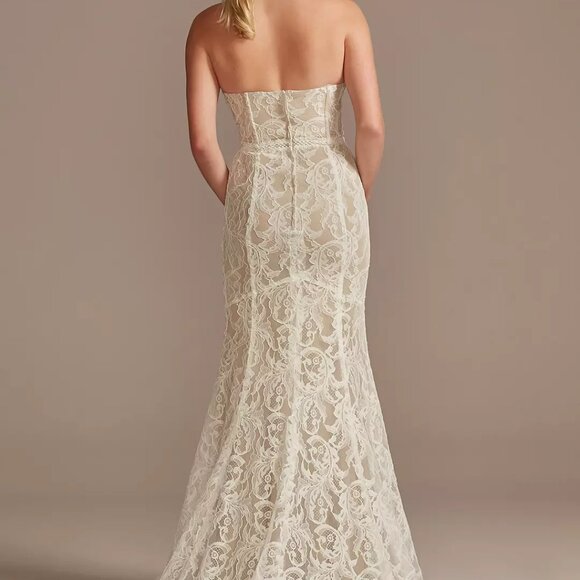 DB Studio Ivory Bisque Lace Sheath Wedding Dress with Detachable Sleeves, Size 6 - Picture 3 of 16